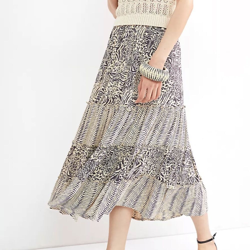 Anthropologie Beachgold Leopard Tiered Midi Skirt S